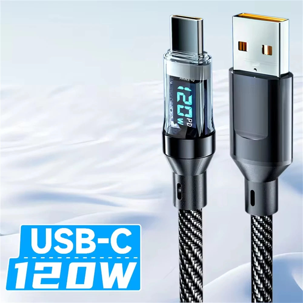 NNBILI 120W Type-C to Type-C Super Fast Charging Cable with LED Display — USB to Type-C Data Cord for Huawei, OPPO, Vivo