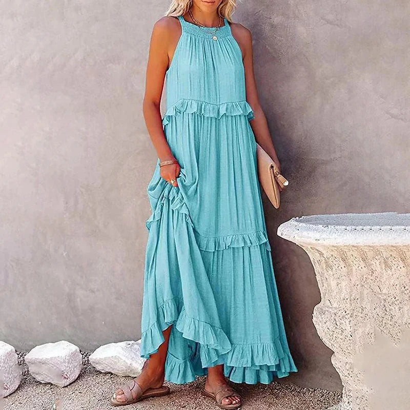 Women’s Casual Solid Ruffle Maxi Dress – Sleeveless Summer Beach Sundress, Elegant Party Vestido