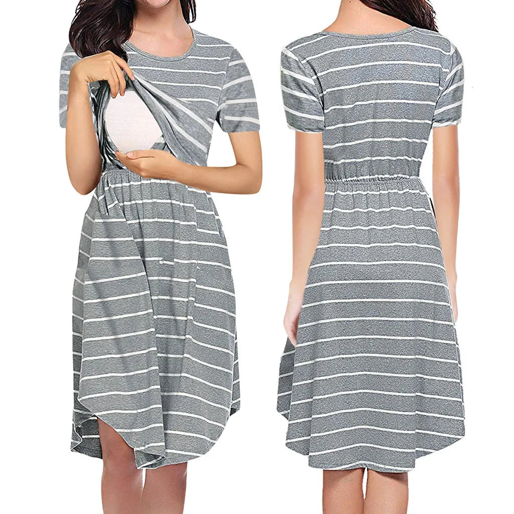 Striped Maternity Nursing Dress – Summer Breastfeeding Pajama Dress