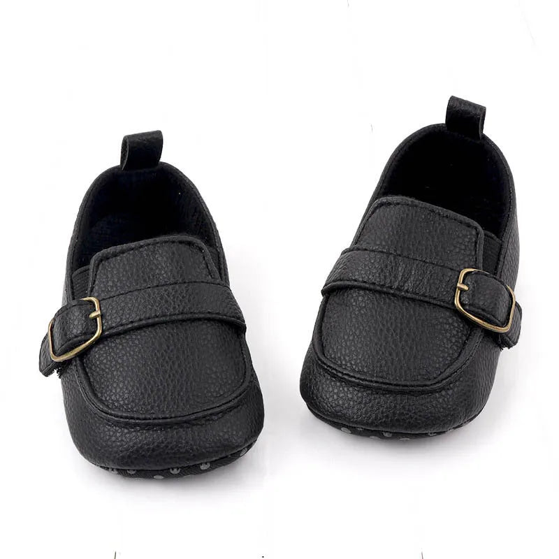 Fashion Infant Crib Shoes — PU Leather Loafers for Baby Boys, Anti-Slip Soft Sole, Black