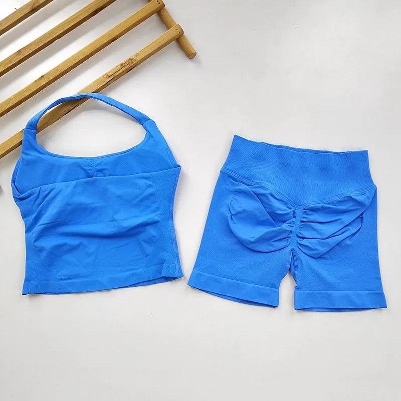 Women’s 2-Piece Yoga & Gym Set – Backless Halter Top & High-Waist Seamless Shorts