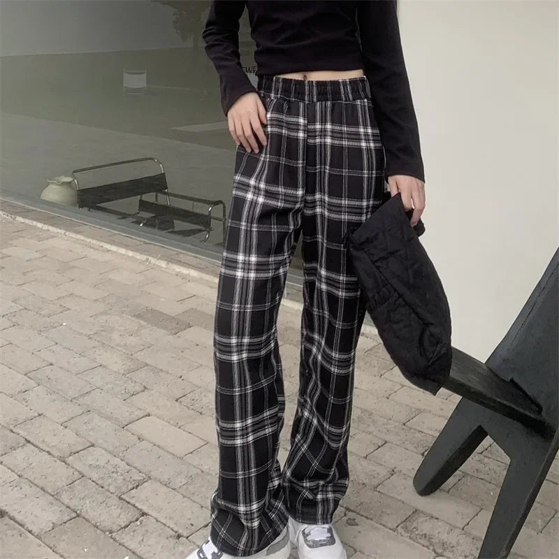Women’s Winter Plaid Wide-Leg Pants – High-Waist & Fleece-Lined