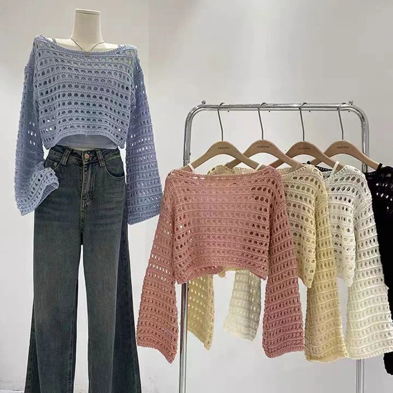 Women’s Long Sleeve Crochet Knit Top – Boho Beach Cover-Up