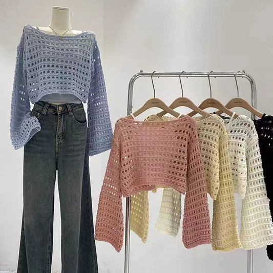 Women’s Long Sleeve Crochet Knit Top – Boho Beach Cover-Up