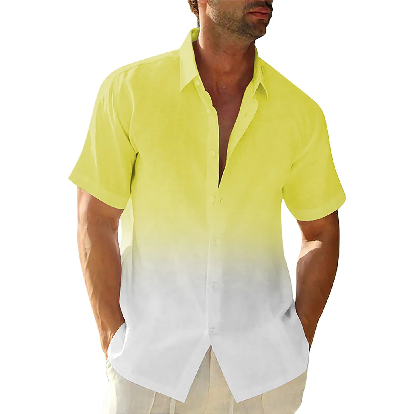 Men's Gradient Cotton Linen Button-Up Shirt — Casual Streetwear Cardigan