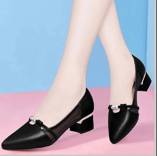 Women’s Green & Black Hollow-Out High Heel Pumps – Breathable Office Shoes