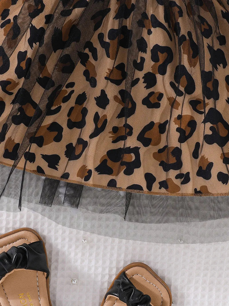 Trendy summer dress with leopard print and mesh patchwork for girls aged 1–5 years.