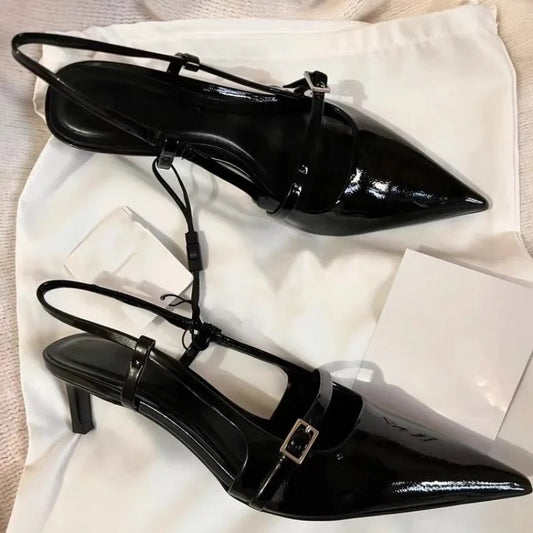 2024 Black Pointed High Heel Slingback Pumps for Women – Leather, Summer Style