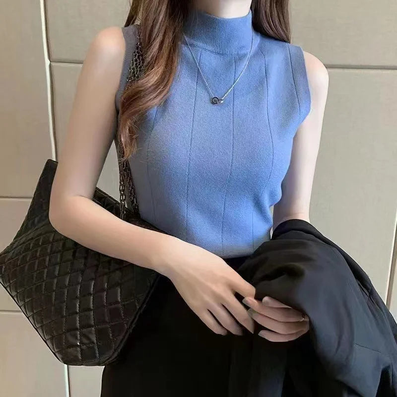 Turtle Neck Solid Korean Fashion Sleeveless -Elastic Casual Women's Top