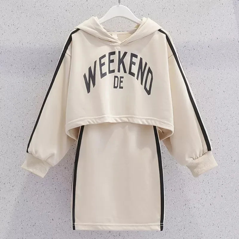 Kids Girls’ Outfit Set – Hooded Top & Pinafore Jumper Dress for Daily Wear