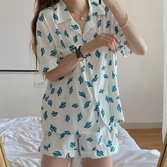 Women’s Pajama Set – Short Sleeve Top & Shorts, Printed Loungewear
