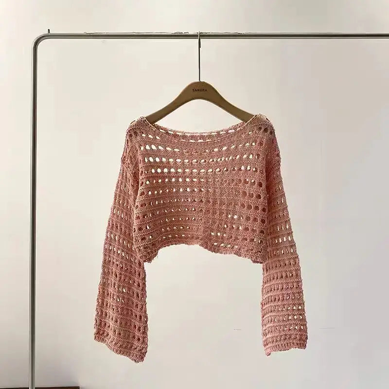 Women’s Long Sleeve Crochet Knit Top – Boho Beach Cover-Up