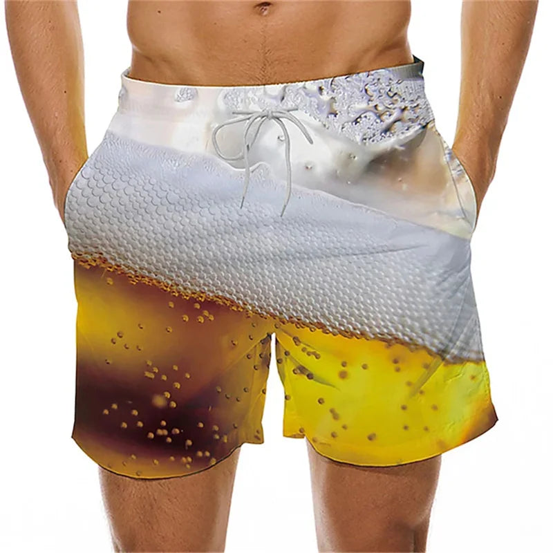 Men's 3D Beer Print Beach Shorts – Casual Swim Trunks for Vacation & Parties