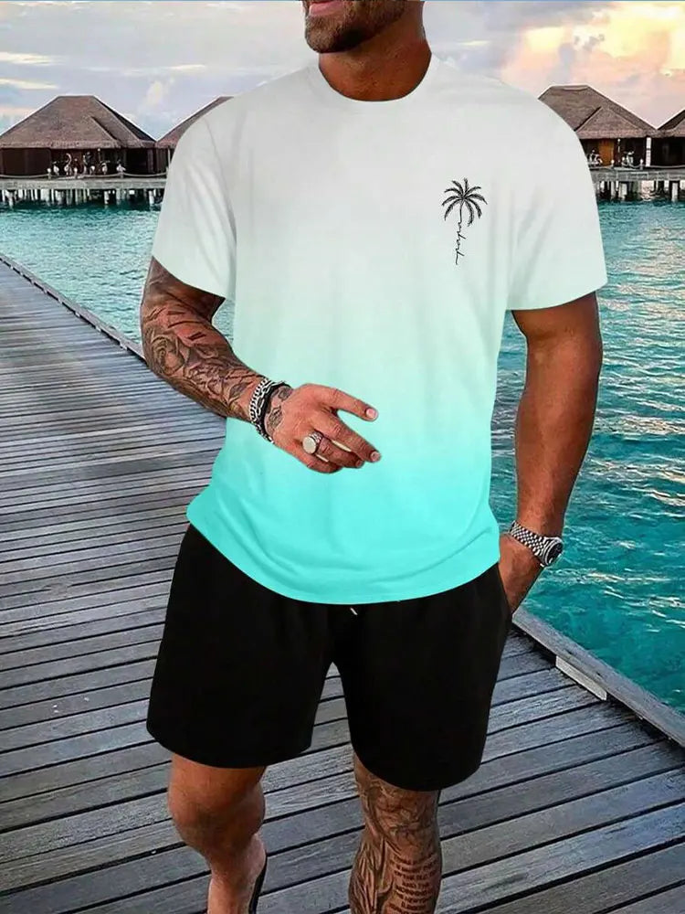 Men's 3D Palm Print Hawaiian Set – Summer Casual T-Shirt & Beach Shorts for Everyday, Vacation, Outdoor Wear