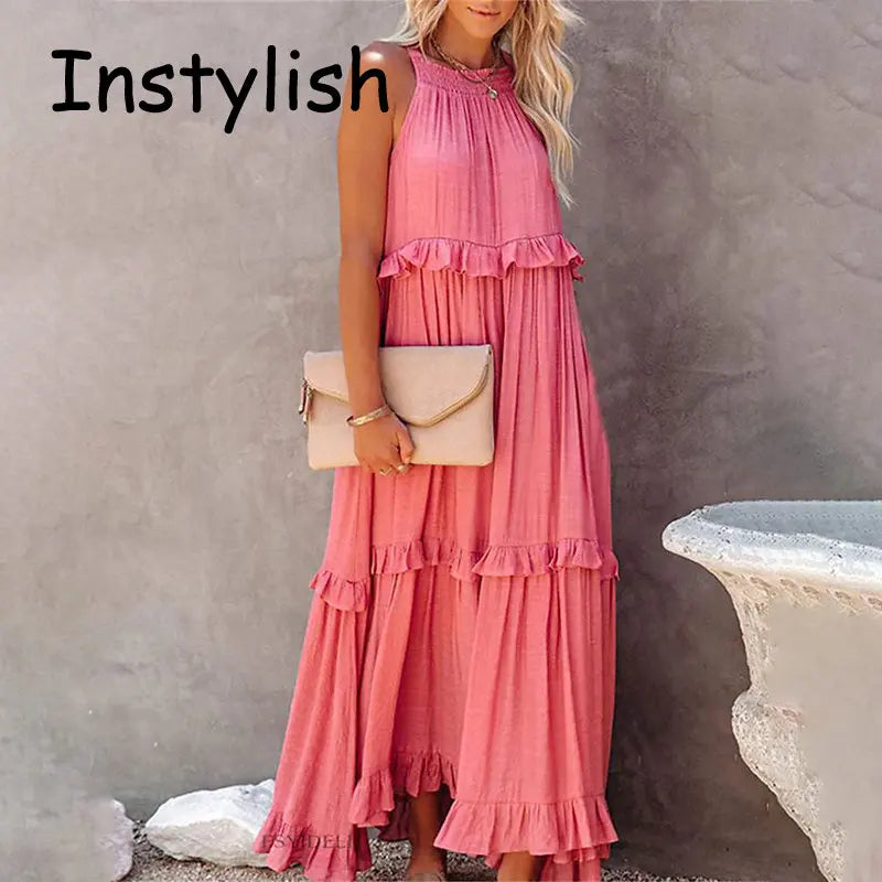 Women’s Casual Solid Ruffle Maxi Dress – Sleeveless Summer Beach Sundress, Elegant Party Vestido