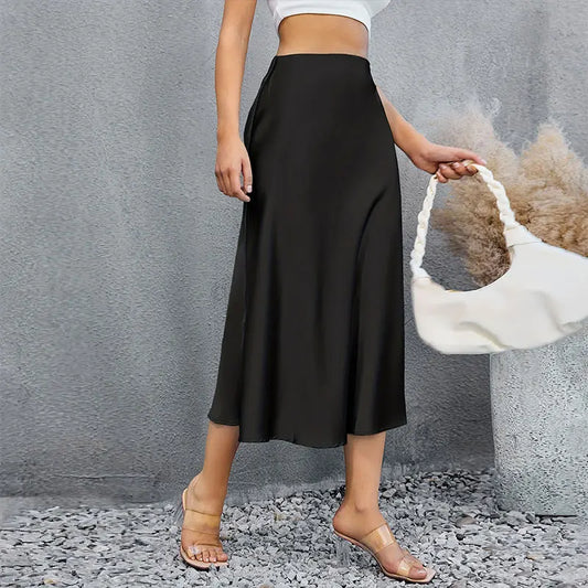 Women’s Satin A-Line Skirt – Korean Style High Waist Elegant Skirt