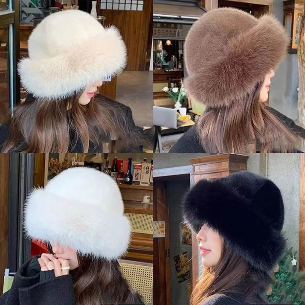 New Fluffy Fur Bucket Hat for Women, Warm Winter Fisherman Hat, Christmas Gift