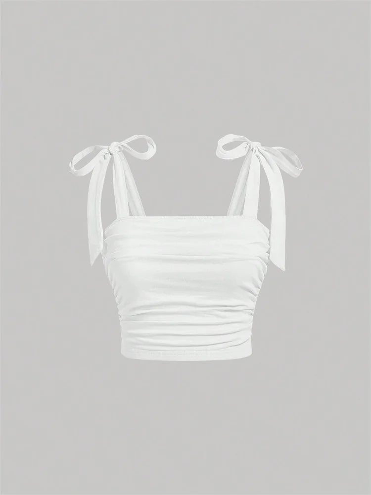 Women's Y2K Ruched Tie-Shoulder Crop Cami – Pink Backless Top