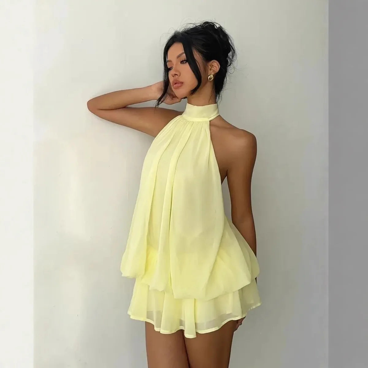 Women’s Y2K Halter Neck Backless Tie-Front Chiffon Mini Dress