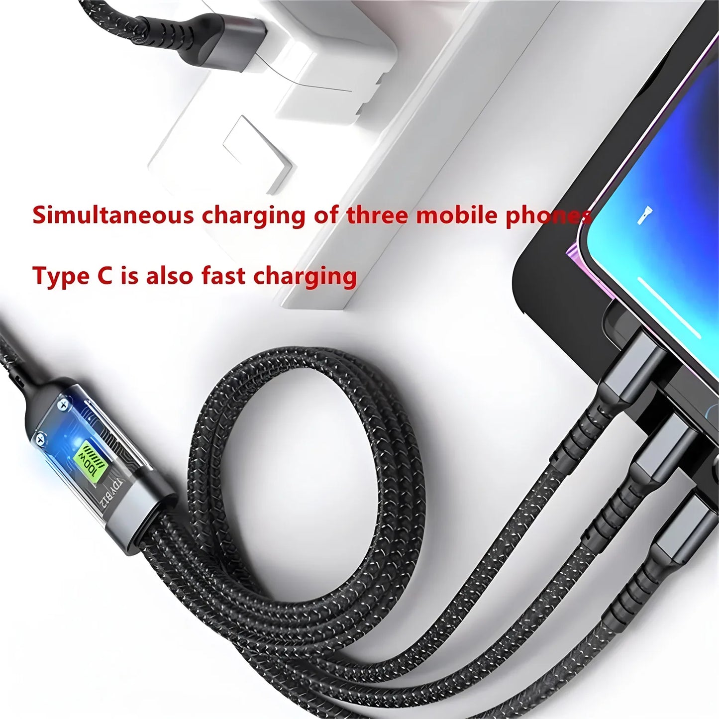 100W 3-in-1 Fast Charging Cable – Nylon Braided Multi USB Cord with Type-C & Micro Adapter