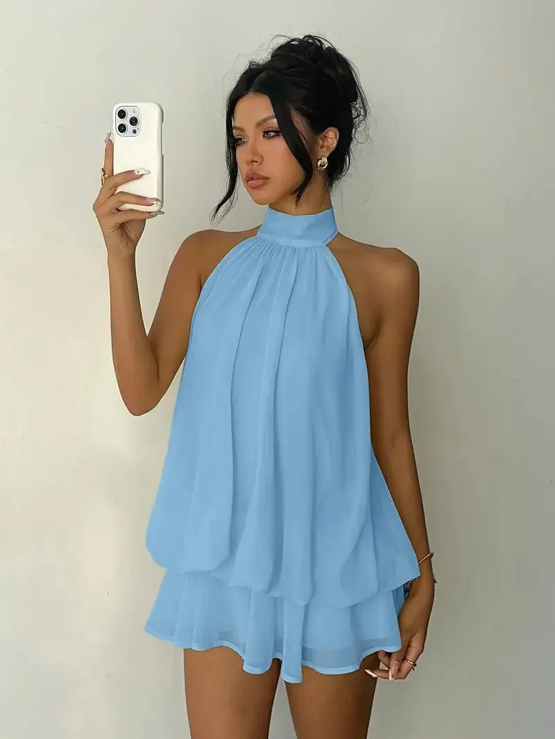 Women’s Y2K Halter Neck Backless Tie-Front Chiffon Mini Dress