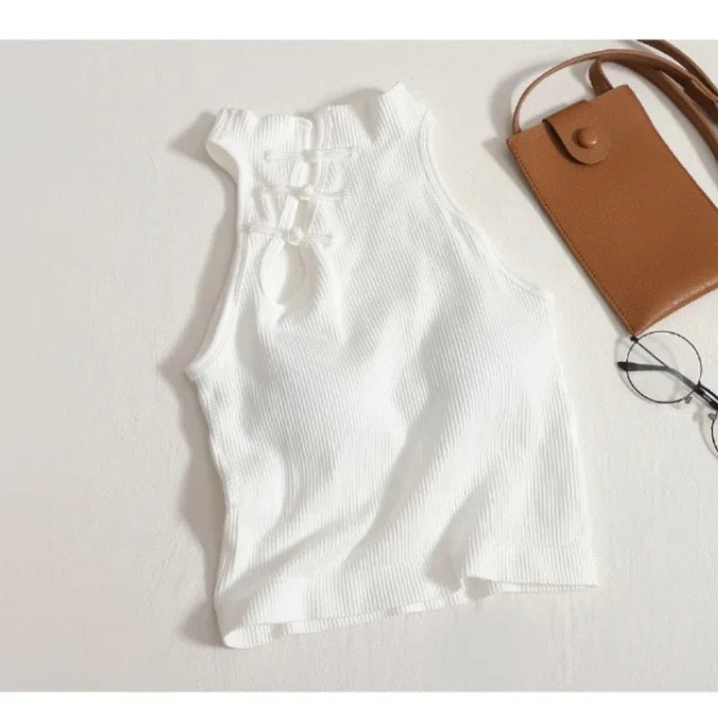 Vintage Halter Camisole for Women – Sleeveless Button Crop Top with Built-In Bra.