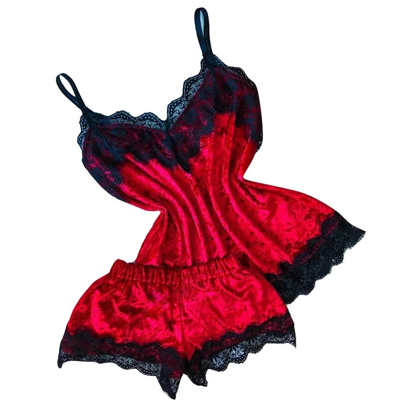 Women’s Sexy Lingerie Sleepwear – Velvet Pajama Set with V-Neck Camisole & Bow Shorts