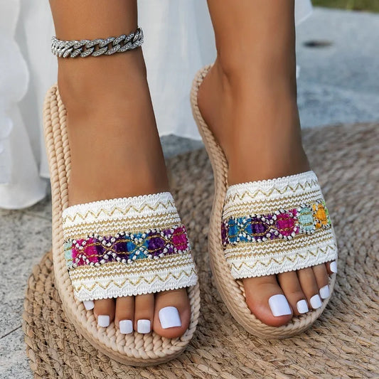 Women’s Boho Tassel Slippers – Flat Outdoor Beach Slides, Ethnic Sandals