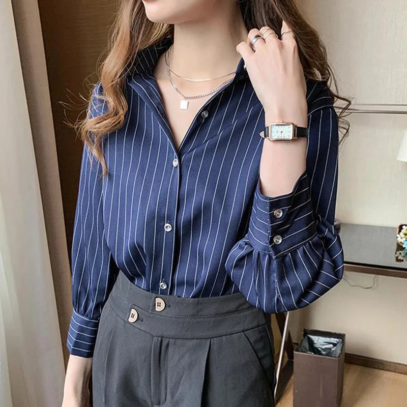 Women’s Striped Summer Shirt – Vintage Chic Loose Long Sleeve Blouse