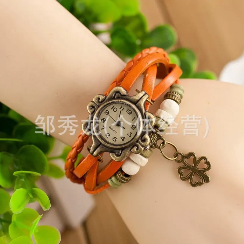 Vintage Leather Bracelet Watch – Butterfly & Clover Pendant