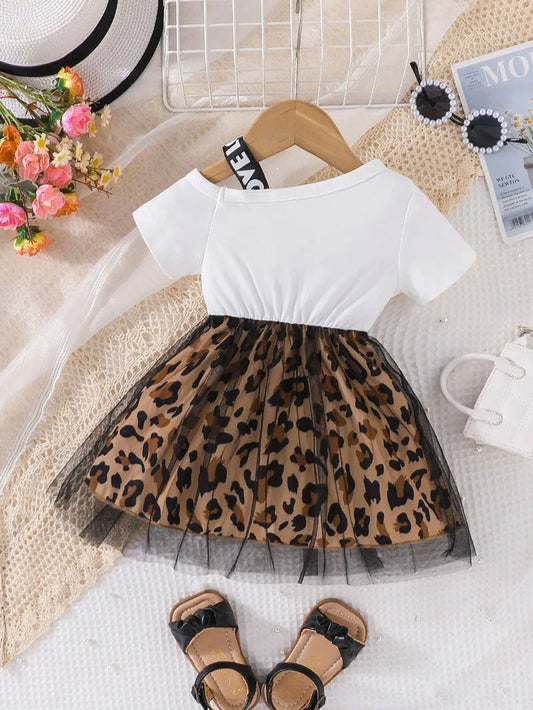 Trendy summer dress with leopard print and mesh patchwork for girls aged 1–5 years.