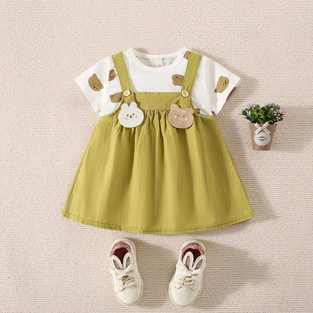 Baby Girl Teddy Bear Print Fake Two-Piece Summer Dress.