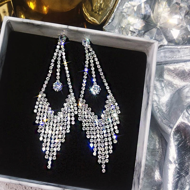 Shiny Crystal Zircon Drop Earrings for Women Geometric Tassel Vintage Pendant Fashion Jewelry