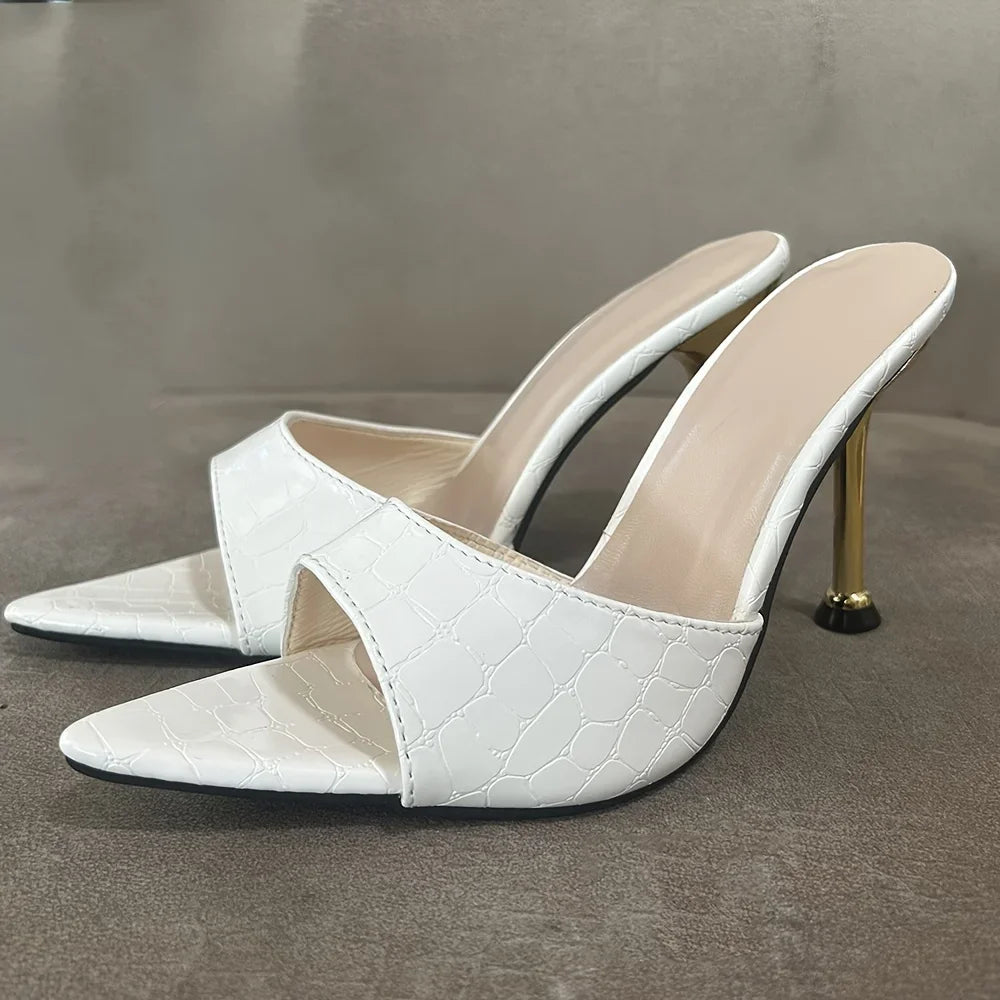 Glam Crocodile-Texture Stiletto Sandals – Chic Slip-On High Heels with Pointed Peep Toe for Parties & Banquets