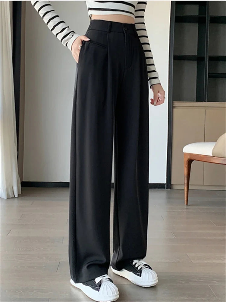 2024 Spring Summer Women’s High Waist Wide Leg Pants – Elegant Minimalist Straight Loose Trousers with Button Detail