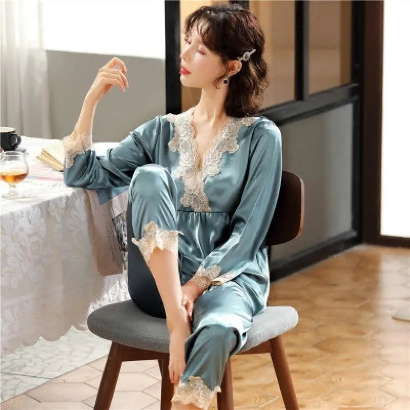 Ice Silk Lace Pajamas – Women's Long Sleeve 2-Piece Sleepwear