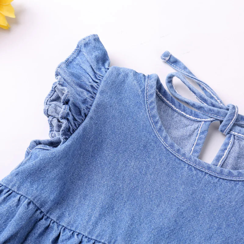Baby Girls Romper — Sleeveless Ruffle Denim Bodysuit, Summer Sunsuit Outfit