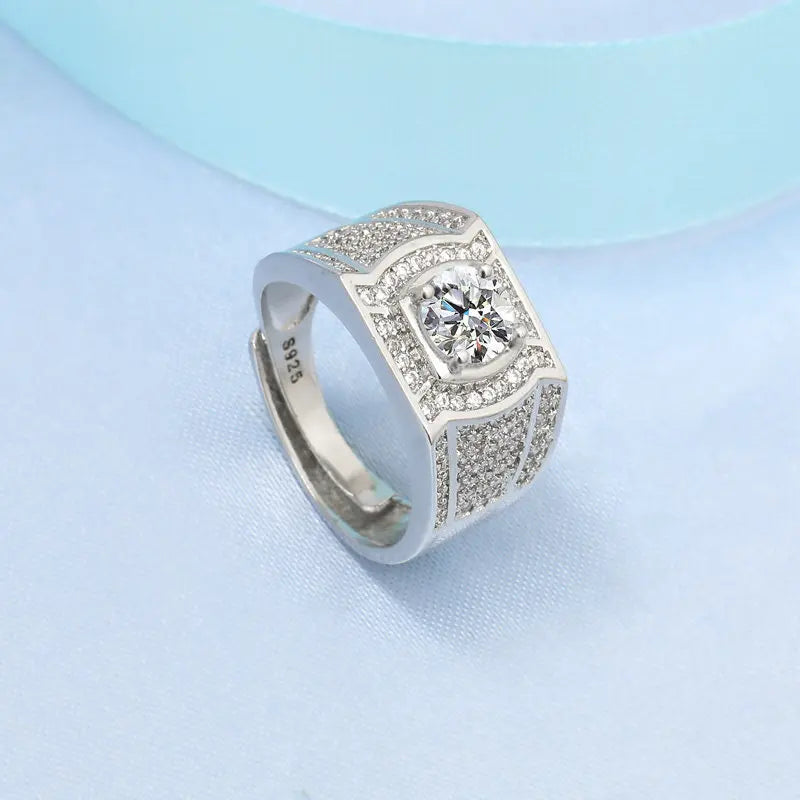 925 Sterling Silver Adjustable Crystal Ring – Fashion Wedding & Engagement Jewelry for Men