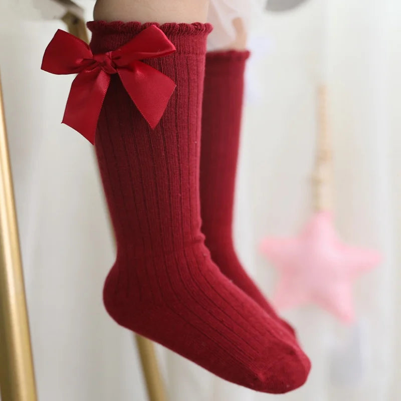 Children’s Princess Knee-High Socks – Soft Cotton Long Socks with Big Bow for Girls (0–12)Years, Spring/Autumn)