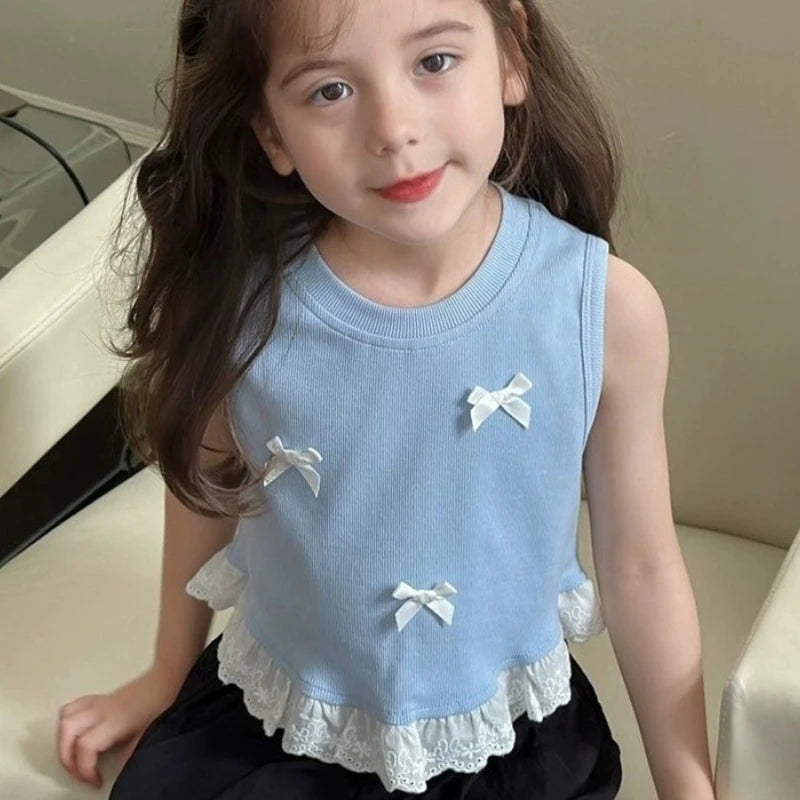 Stylish Children Tank Tops Vest Girls Summer Short Sleeveless Bow-Knot Floral Lace Clothes Kids Casual Wear Cute T-Shirt