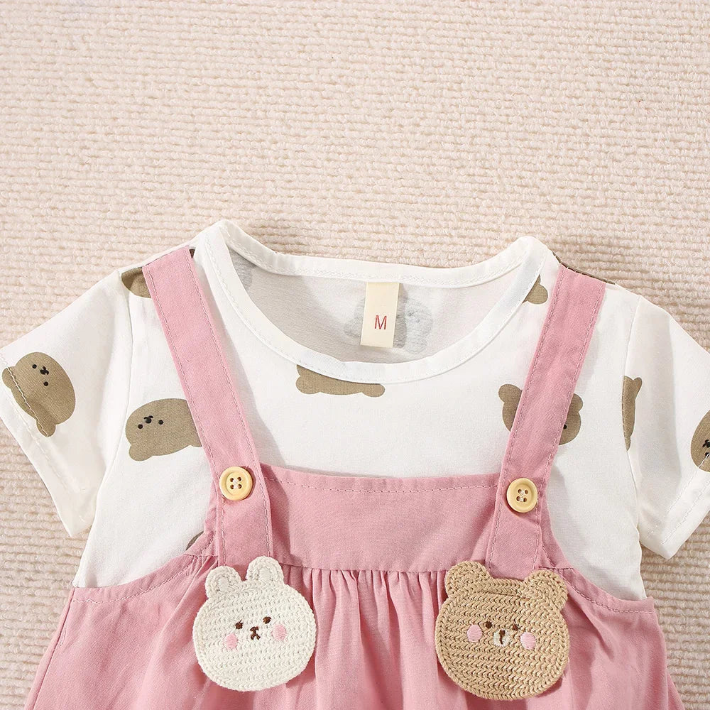 Baby Girl Teddy Bear Print Fake Two-Piece Summer Dress.