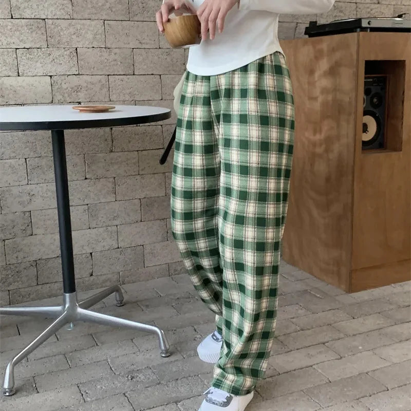Women’s Winter Plaid Wide-Leg Pants – High-Waist & Fleece-Lined