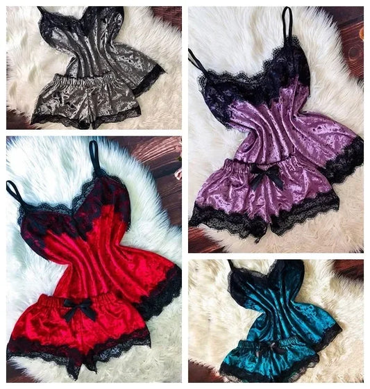 Women’s Sexy Lingerie Sleepwear – Velvet Pajama Set with V-Neck Camisole & Bow Shorts