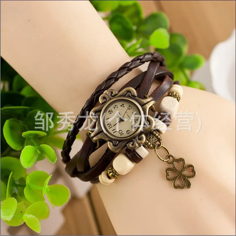 Vintage Leather Bracelet Watch – Butterfly & Clover Pendant