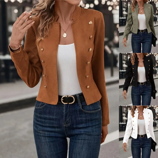 Women’s Double-Breasted Jacket – Stand Collar, Long Sleeve