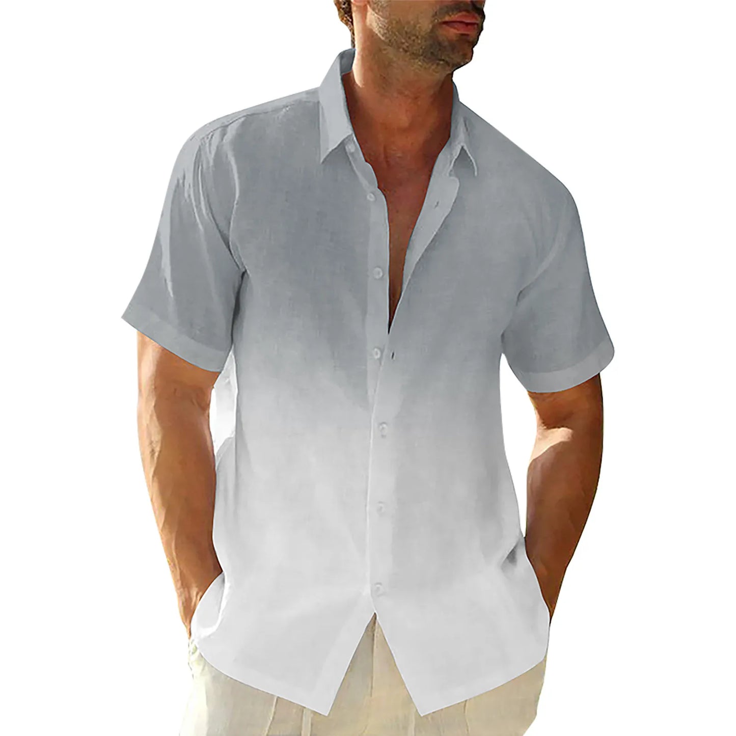 Men's Gradient Cotton Linen Button-Up Shirt — Casual Streetwear Cardigan