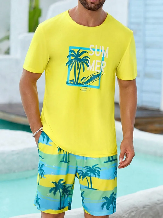 Men's 3D Palm Print Hawaiian Set – Summer Casual T-Shirt & Beach Shorts for Everyday, Vacation, Outdoor Wear