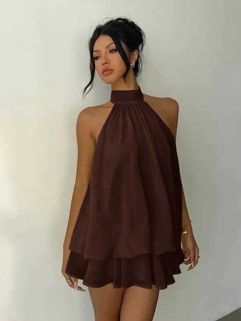 Women’s Y2K Halter Neck Backless Tie-Front Chiffon Mini Dress
