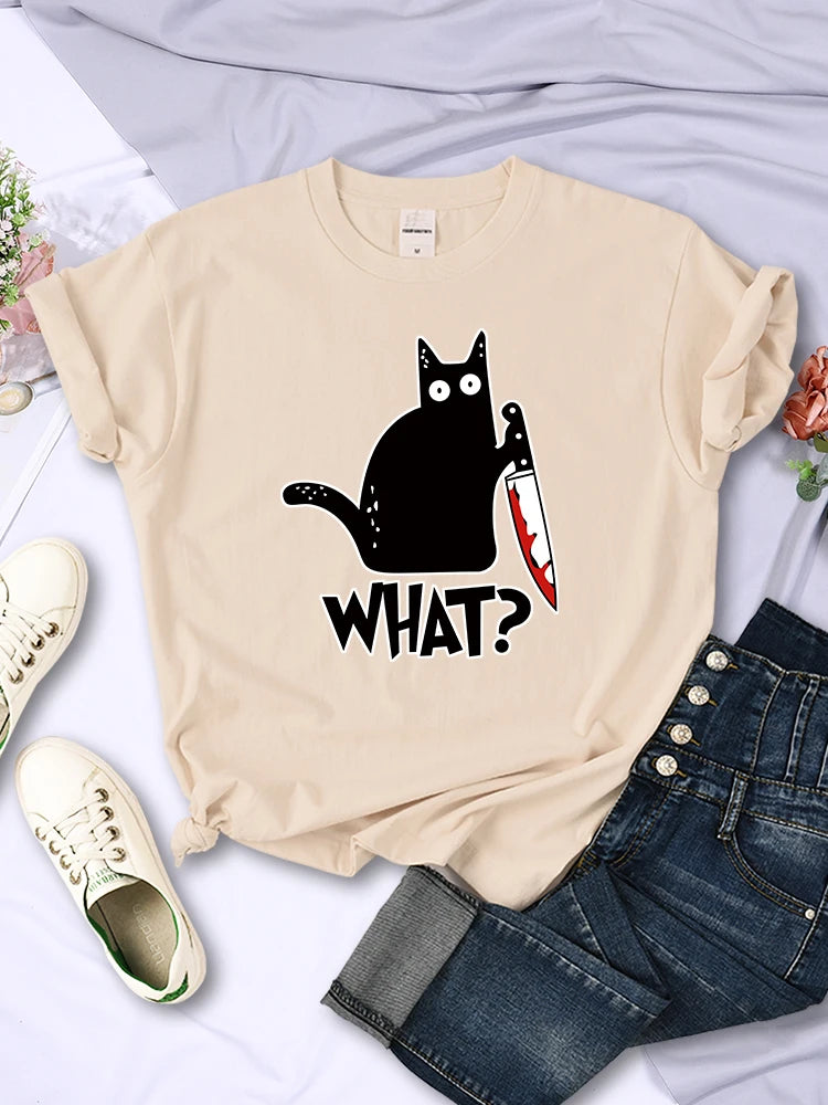 Black Cat Knife Tee – Women’s Short Sleeve Summer Streetwear