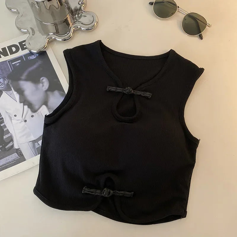 Vintage Halter Camisole for Women – Sleeveless Button Crop Top with Built-In Bra.